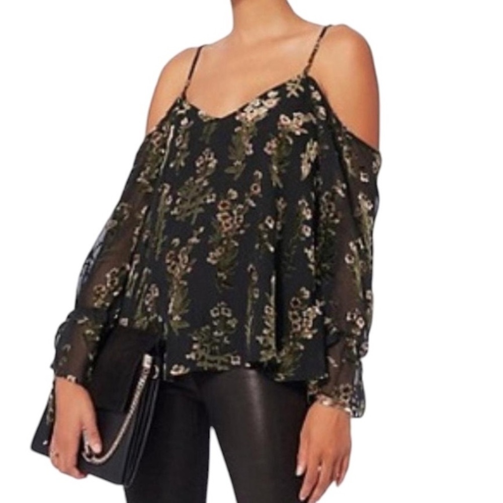 Love Sam Black Burnout Brocade Velvet Floral Cold Shoulder Tie Sleeve Top - S